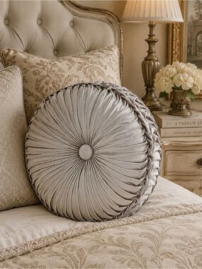 J. Queen Astoria Silver Elegant Round Pleated Tufted Accent Pillow 16” Diameter